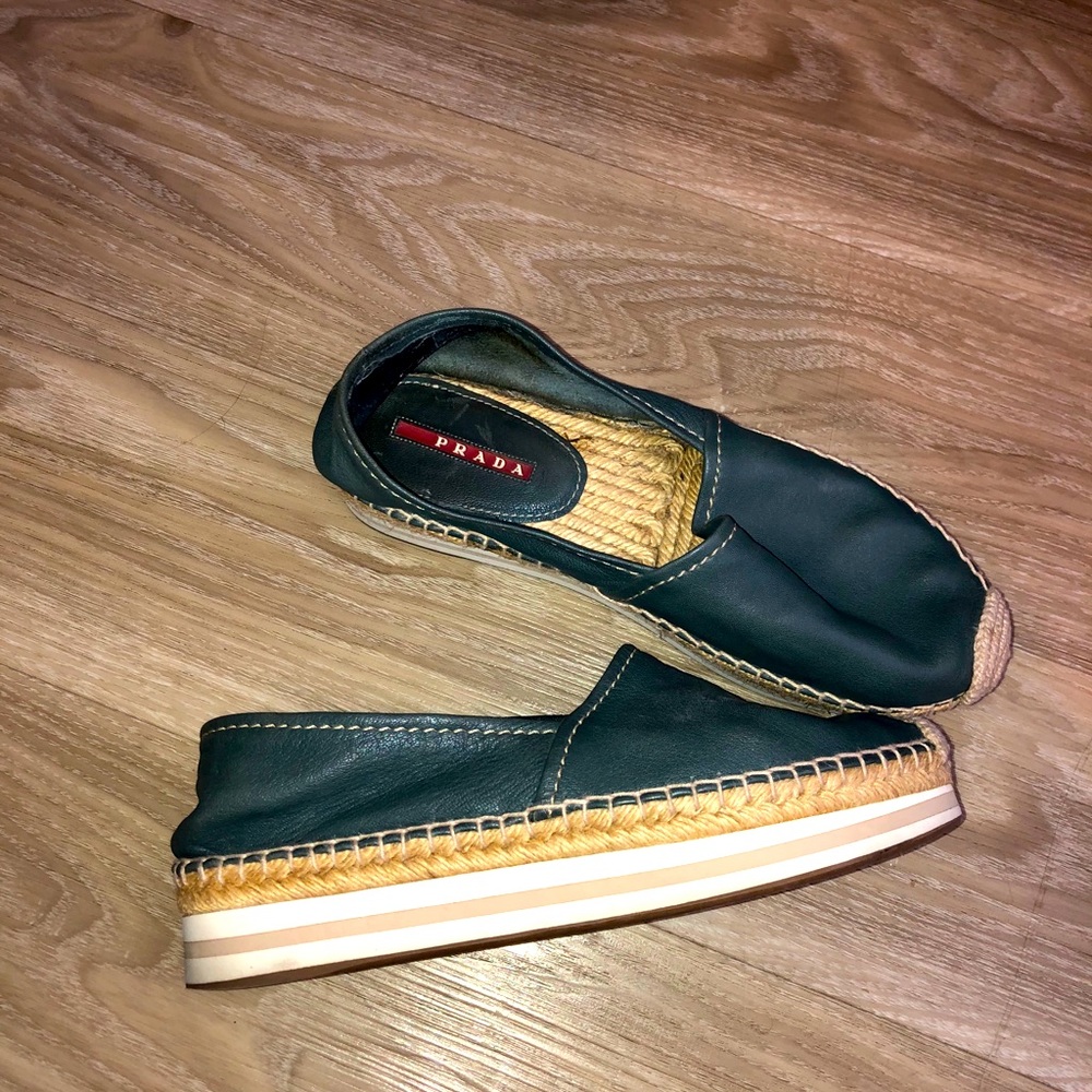 Prada Blue Nappa Espadrille Platform Loafer Flats